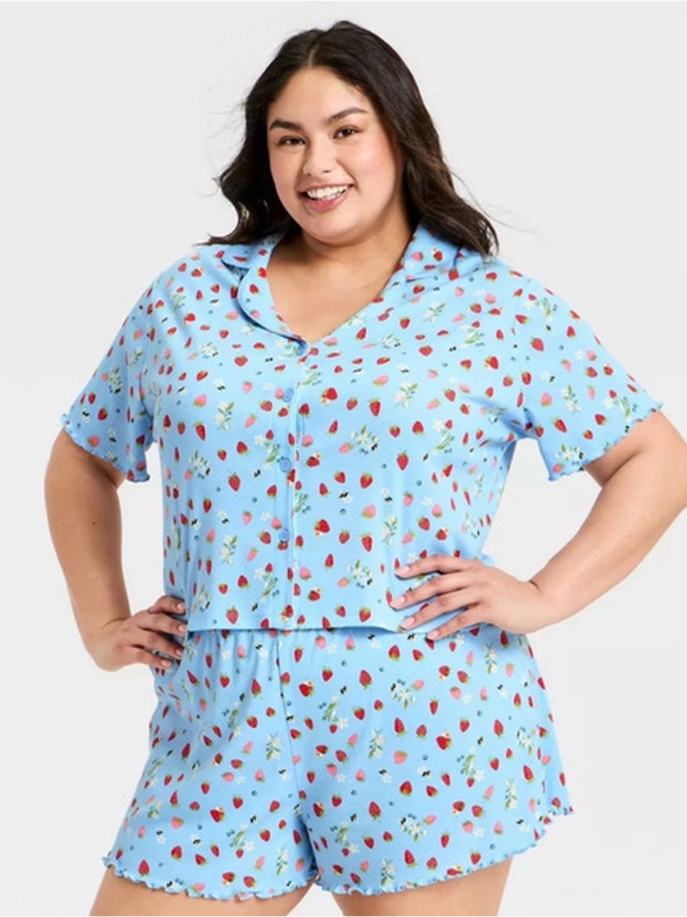 WILD FABLE Light Blue Strawberry Print Shirt and Short Pajama Set NWOT